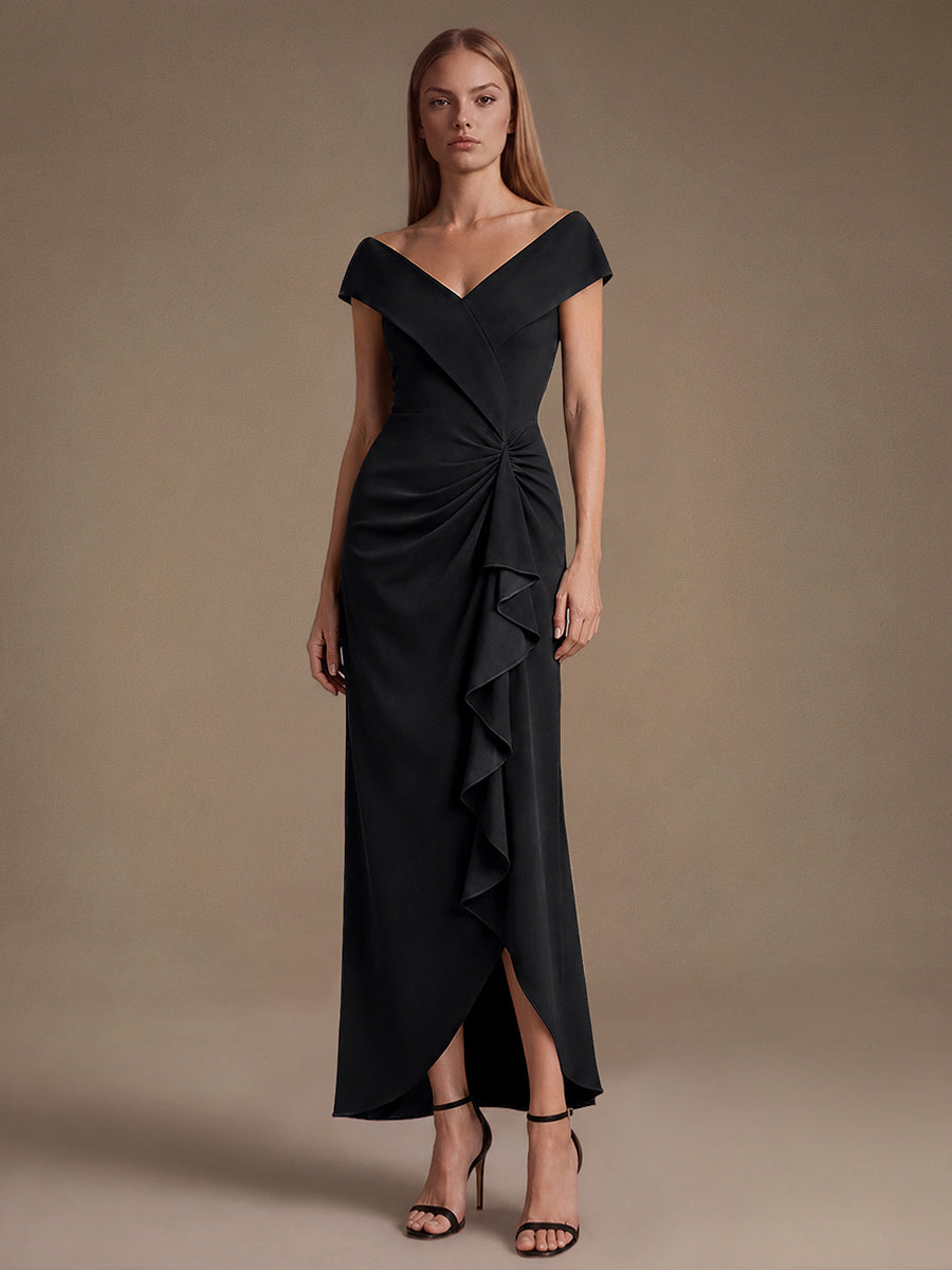 Ruffle Crepe Cap Sleeve Evening Dress #color_Black