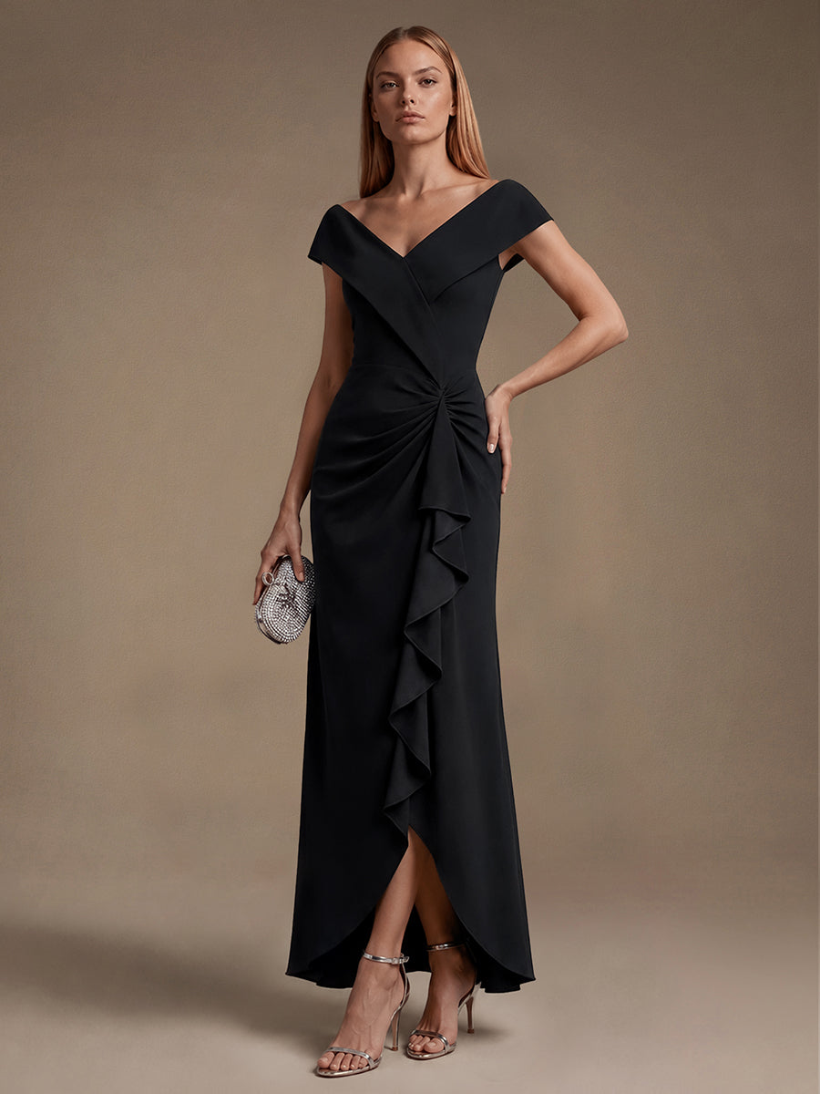 Ruffle Crepe Cap Sleeve Evening Dress #color_Black