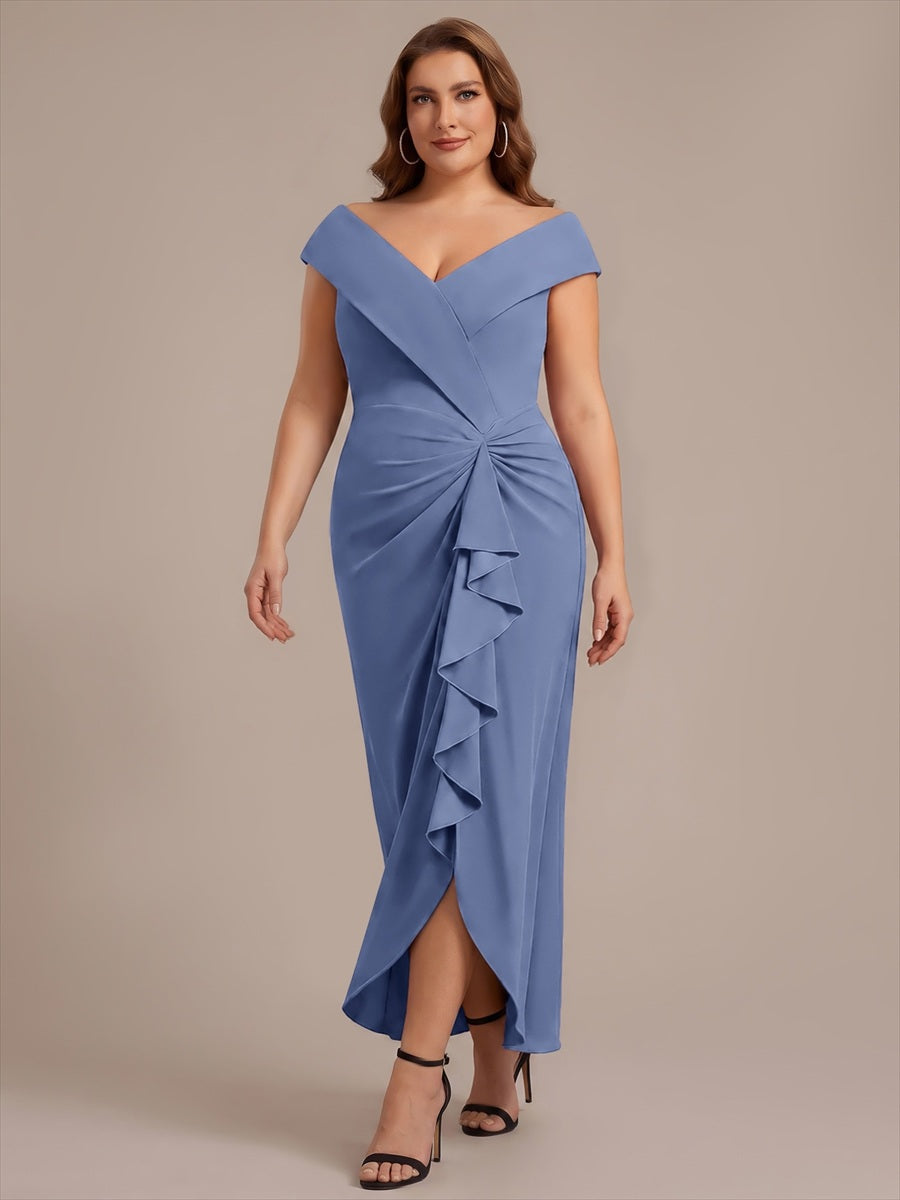 Ruffle Crepe Cap Sleeve Evening Dress #color_Dusty Blue