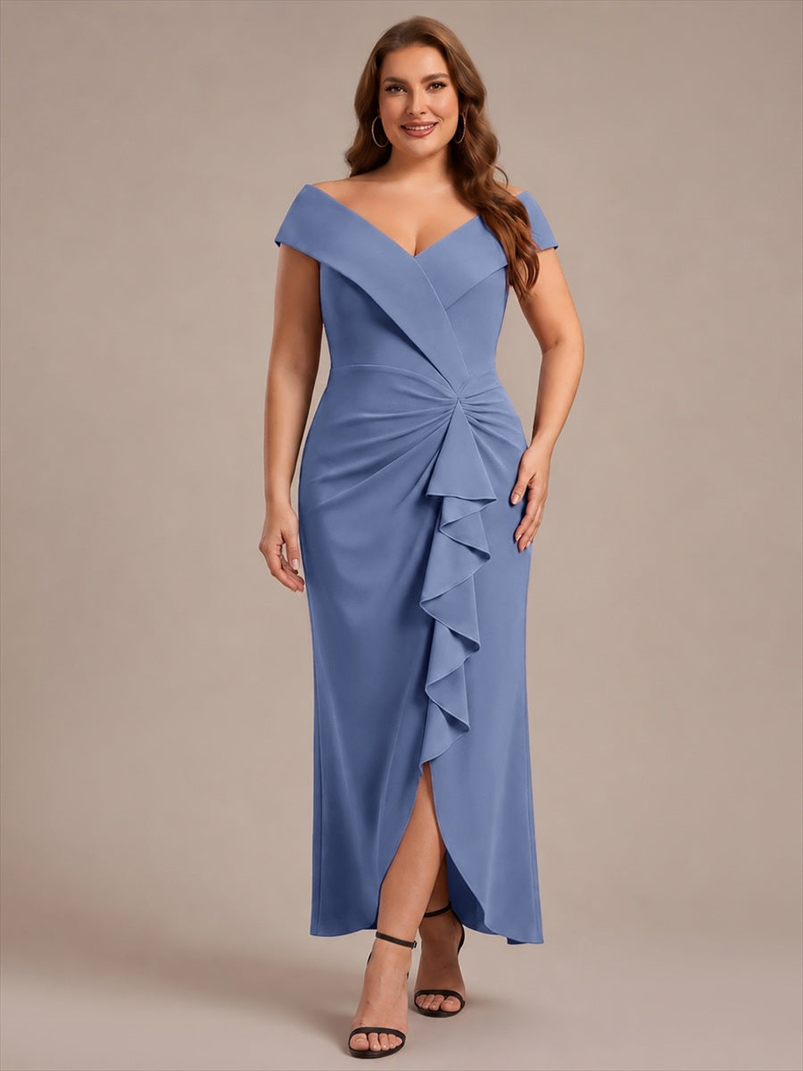 Ruffle Crepe Cap Sleeve Evening Dress #color_Dusty Blue