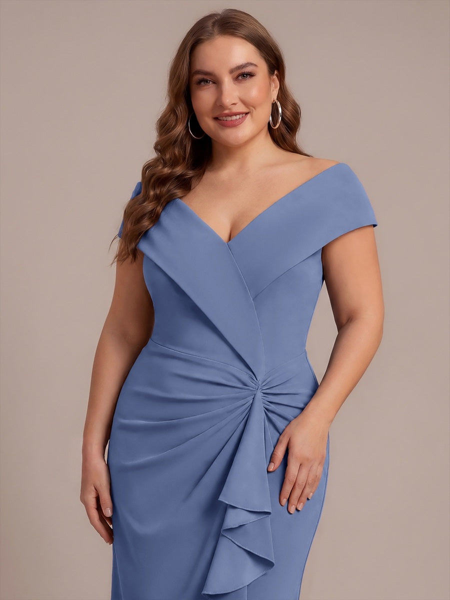 Ruffle Crepe Cap Sleeve Evening Dress #color_Dusty Blue