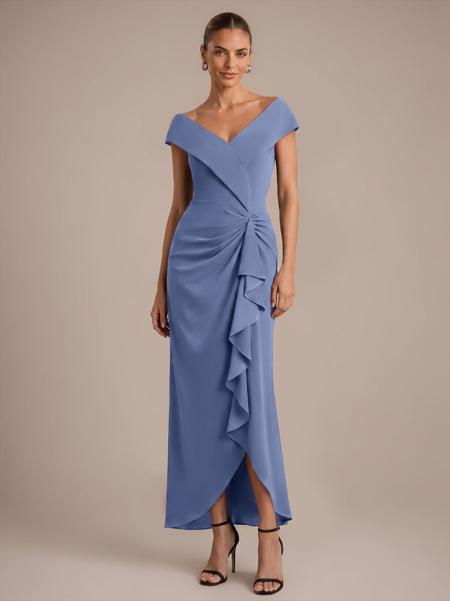 Ruffle Crepe Cap Sleeve Evening Dress #color_Dusty Blue