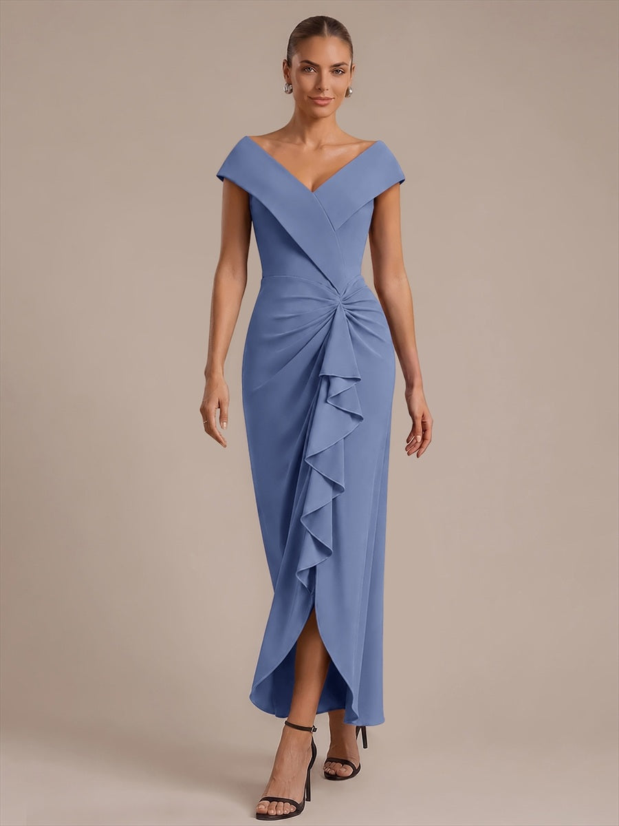 Ruffle Crepe Cap Sleeve Evening Dress #color_Dusty Blue