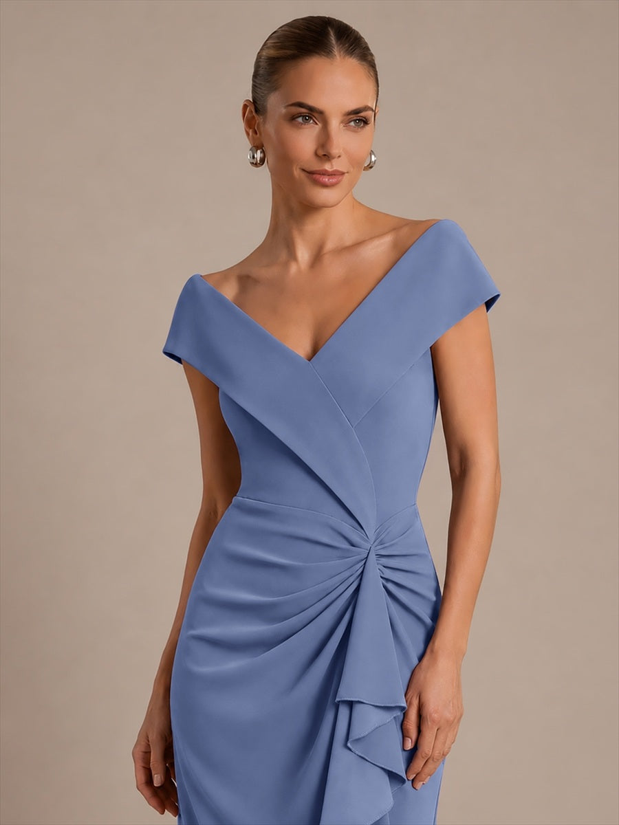Ruffle Crepe Cap Sleeve Evening Dress #color_Dusty Blue