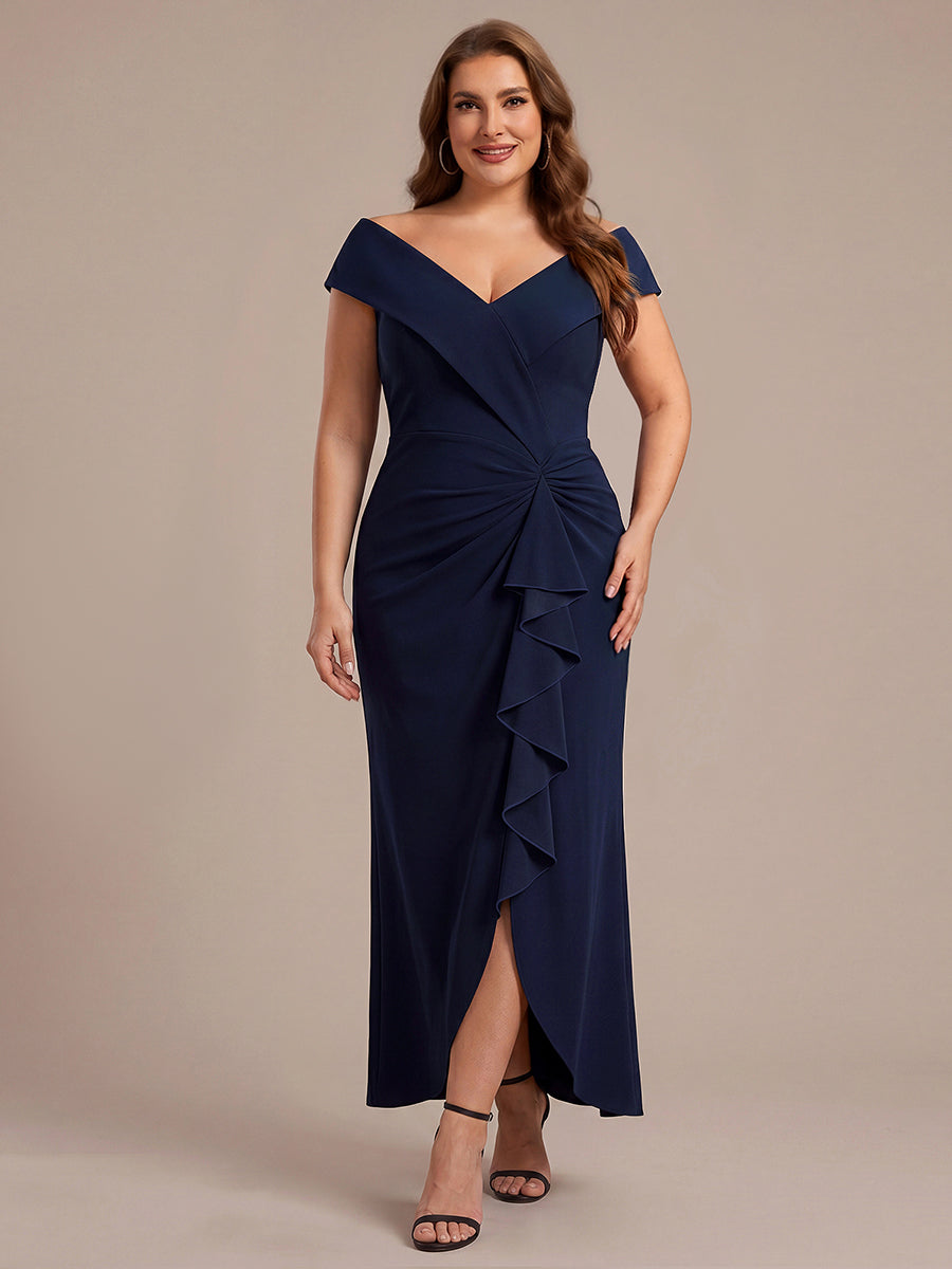 Ruffle Crepe Cap Sleeve Evening Dress #color_Navy Blue