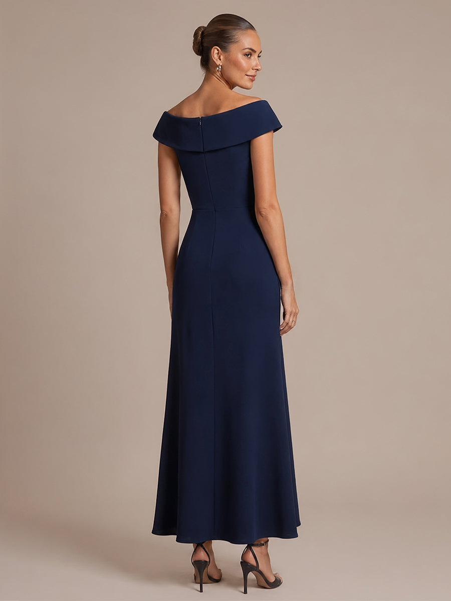 Ruffle Crepe Cap Sleeve Evening Dress #color_Navy Blue