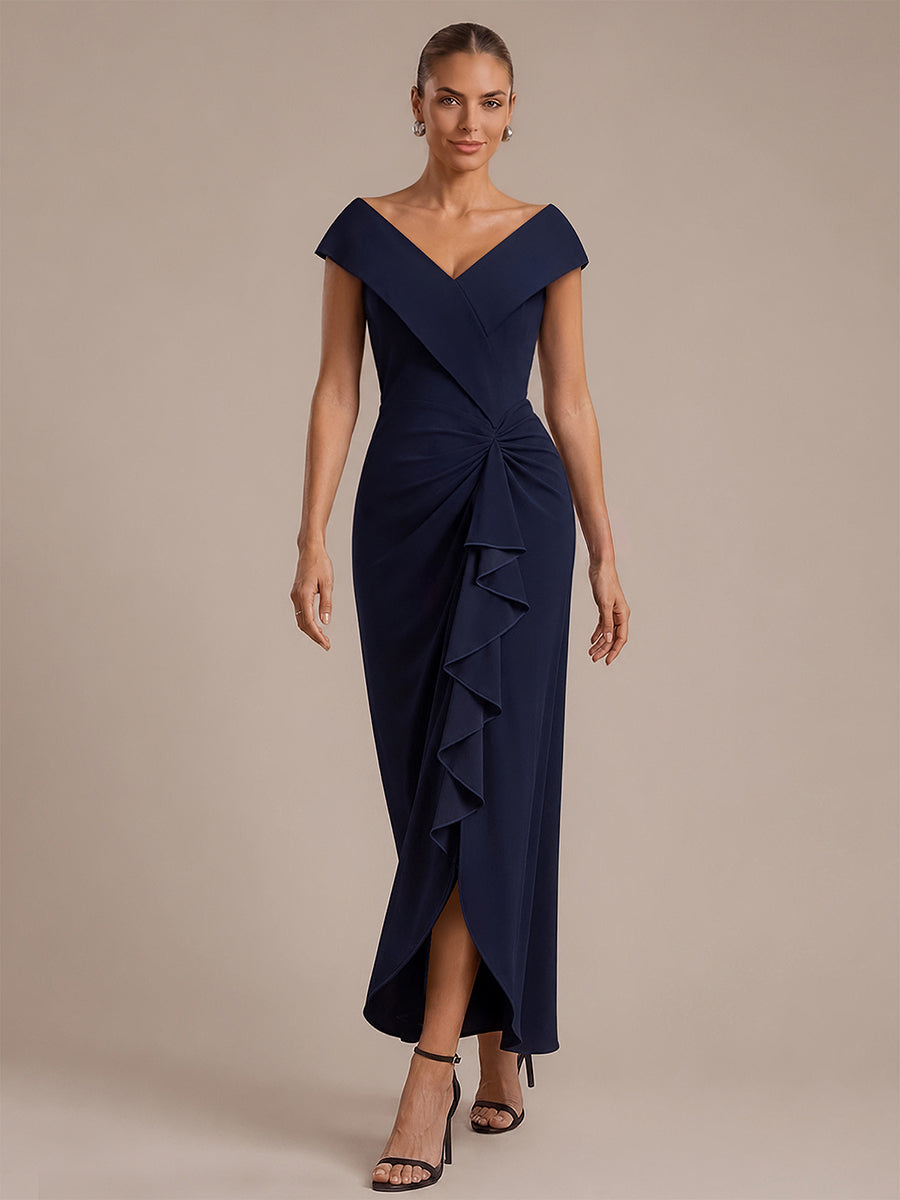 Ruffle Crepe Cap Sleeve Evening Dress #color_Navy Blue