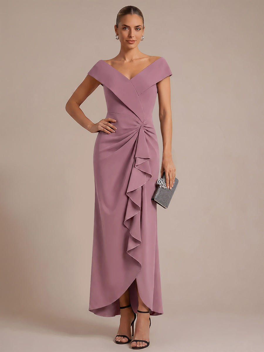 Ruffle Crepe Cap Sleeve Evening Dress #color_Purple Orchid