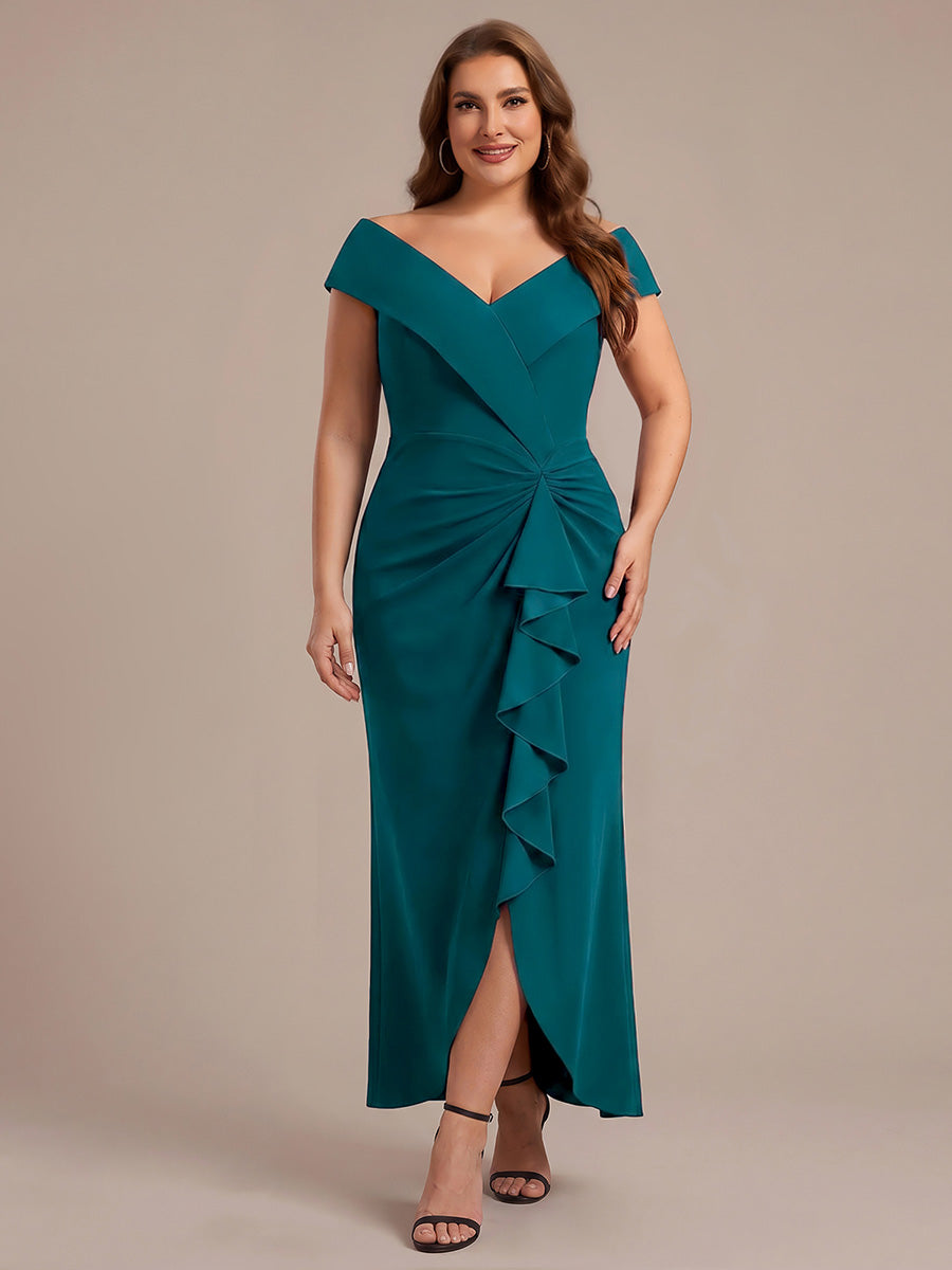 Plus Size Slit Crepe Evening Dress #color_Teal Blue