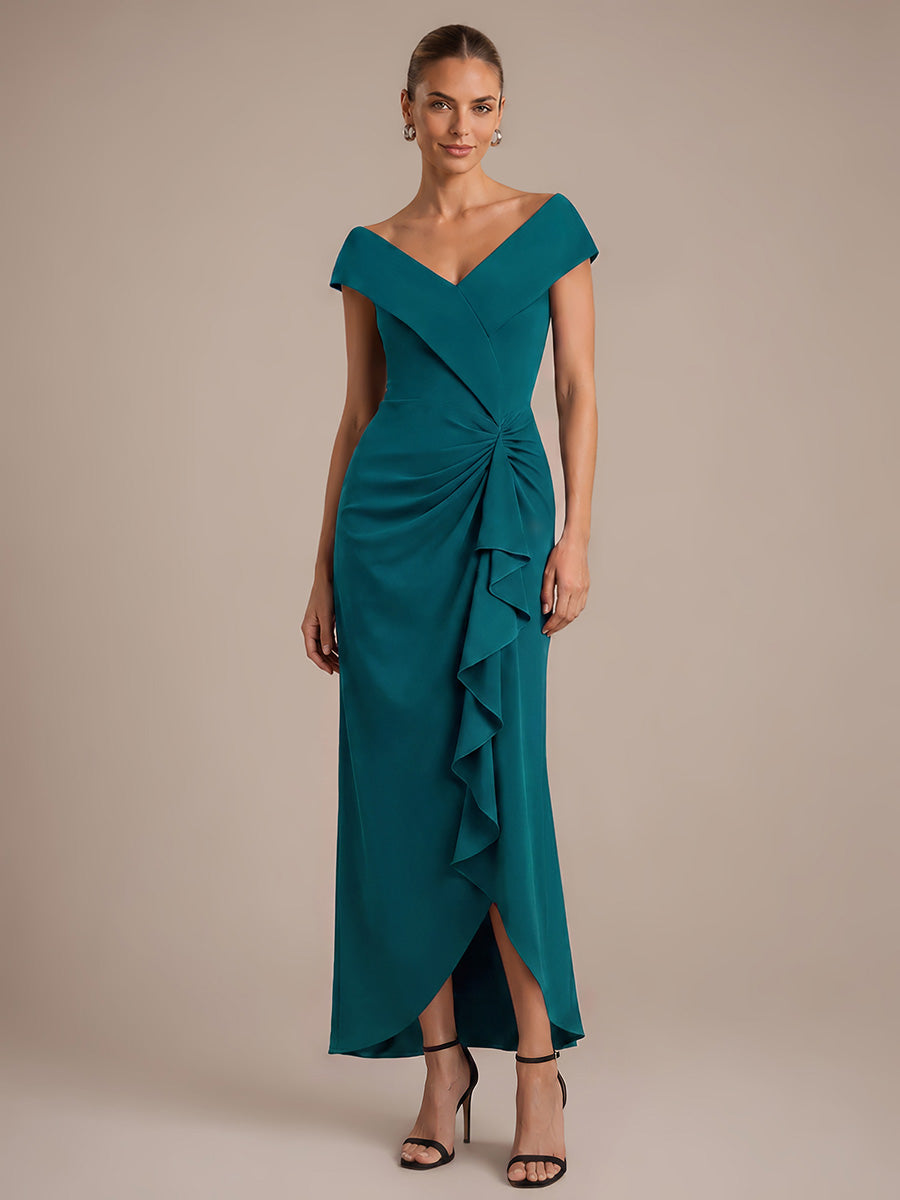 Ruffle Crepe Cap Sleeve Evening Dress #color_Teal Blue