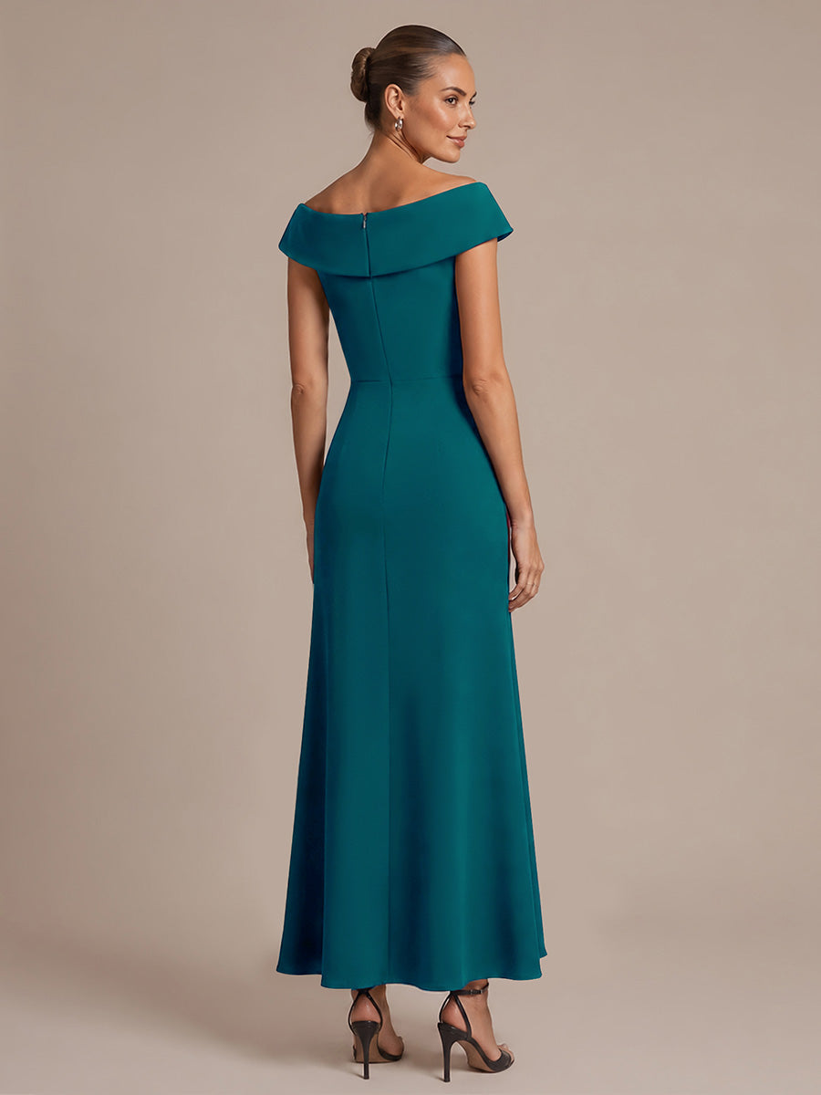 Ruffle Crepe Cap Sleeve Evening Dress #color_Teal Blue