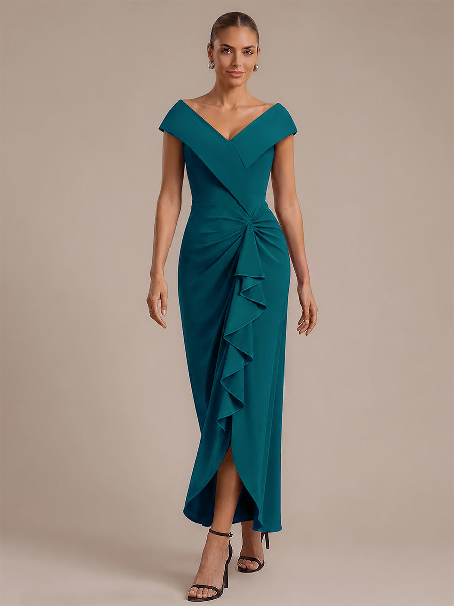 Ruffle Crepe Cap Sleeve Evening Dress #color_Teal Blue