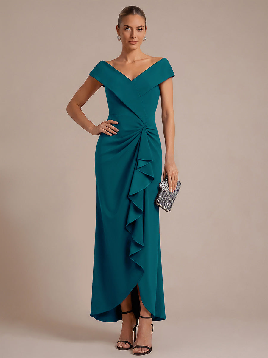 Ruffle Crepe Cap Sleeve Evening Dress #color_Teal Blue