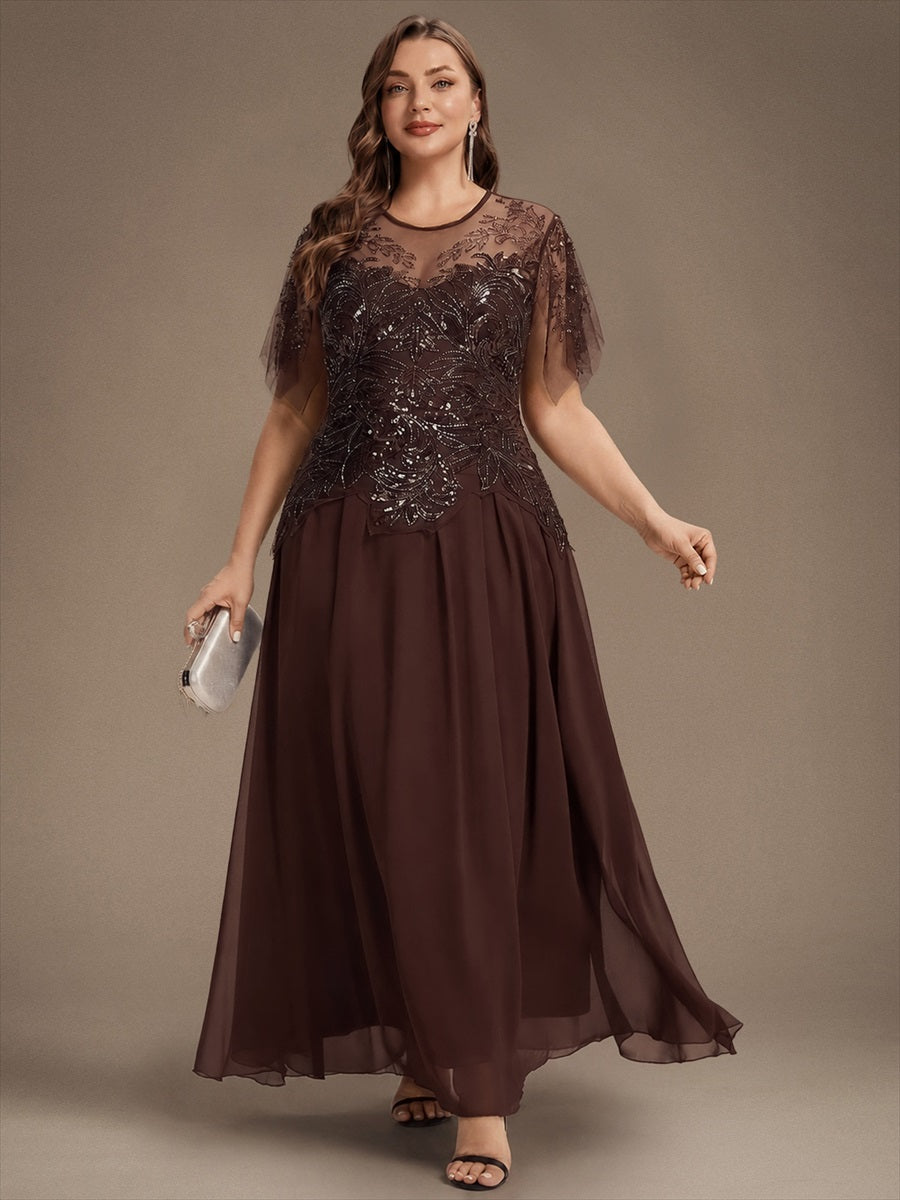 Embroidered Sequin Ruffle Sleeve Black Tie Evening Dress #color_Brown
