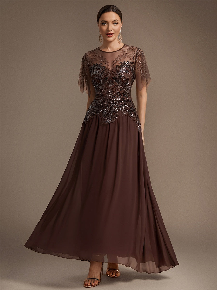 Embroidered Sequin Ruffle Sleeve Black Tie Evening Dress #color_Brown