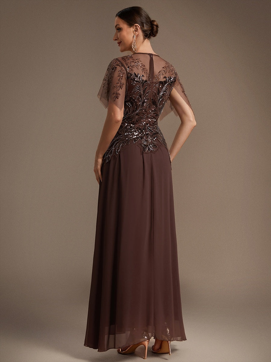 Embroidered Sequin Ruffle Sleeve Black Tie Evening Dress #color_Brown
