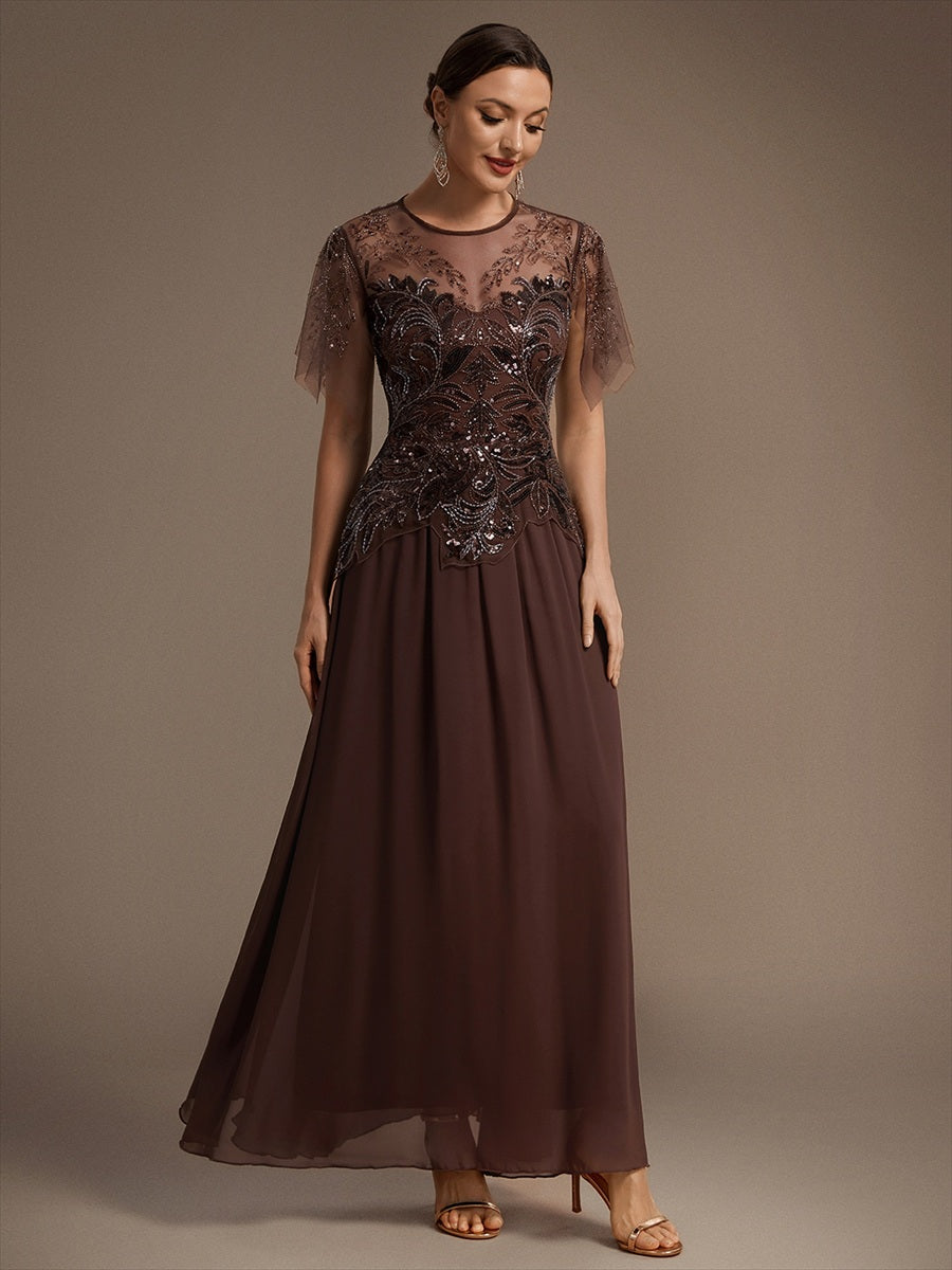 Embroidered Sequin Ruffle Sleeve Black Tie Evening Dress #color_Brown