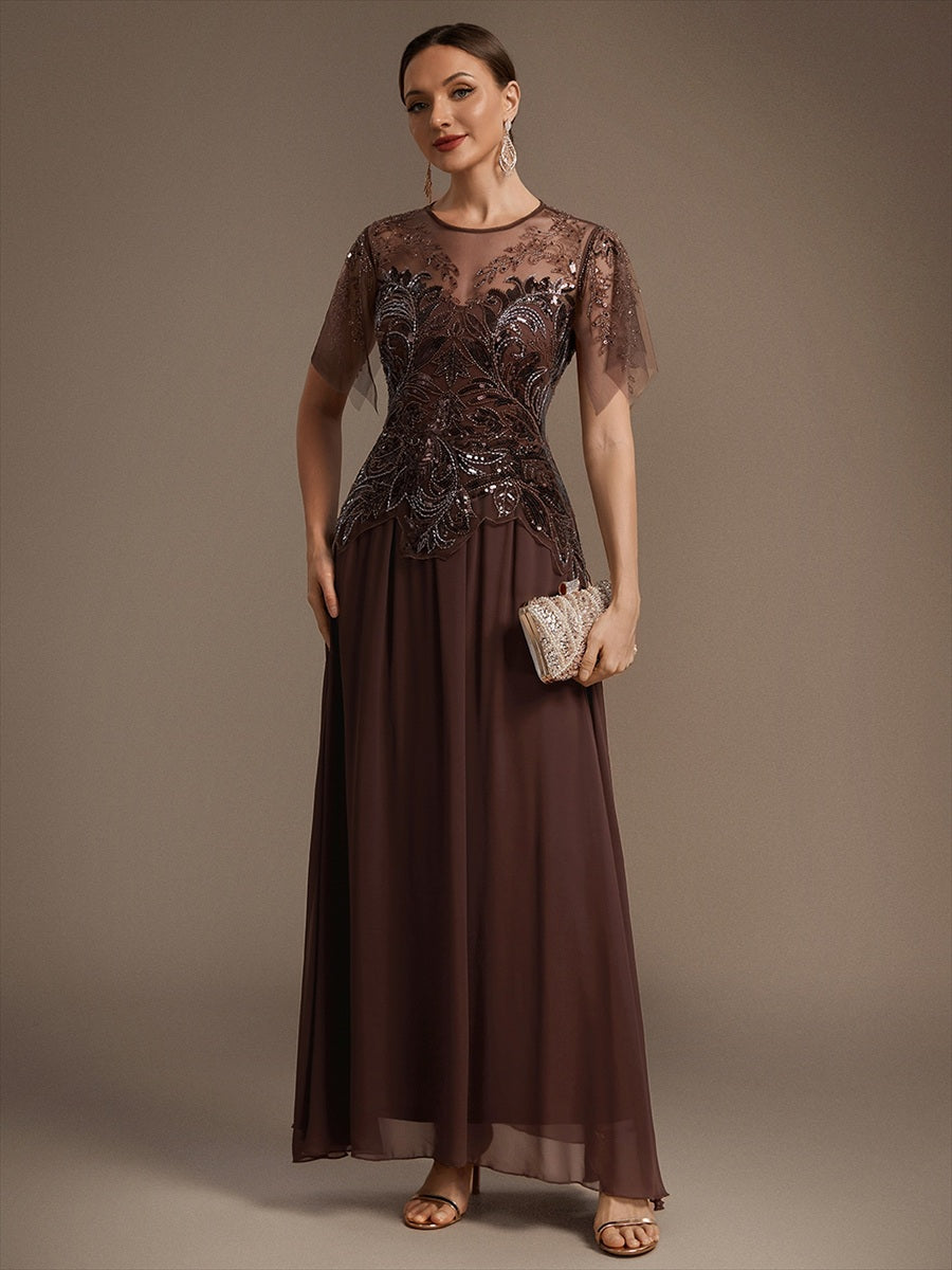 Embroidered Sequin Ruffle Sleeve Black Tie Evening Dress #color_Brown