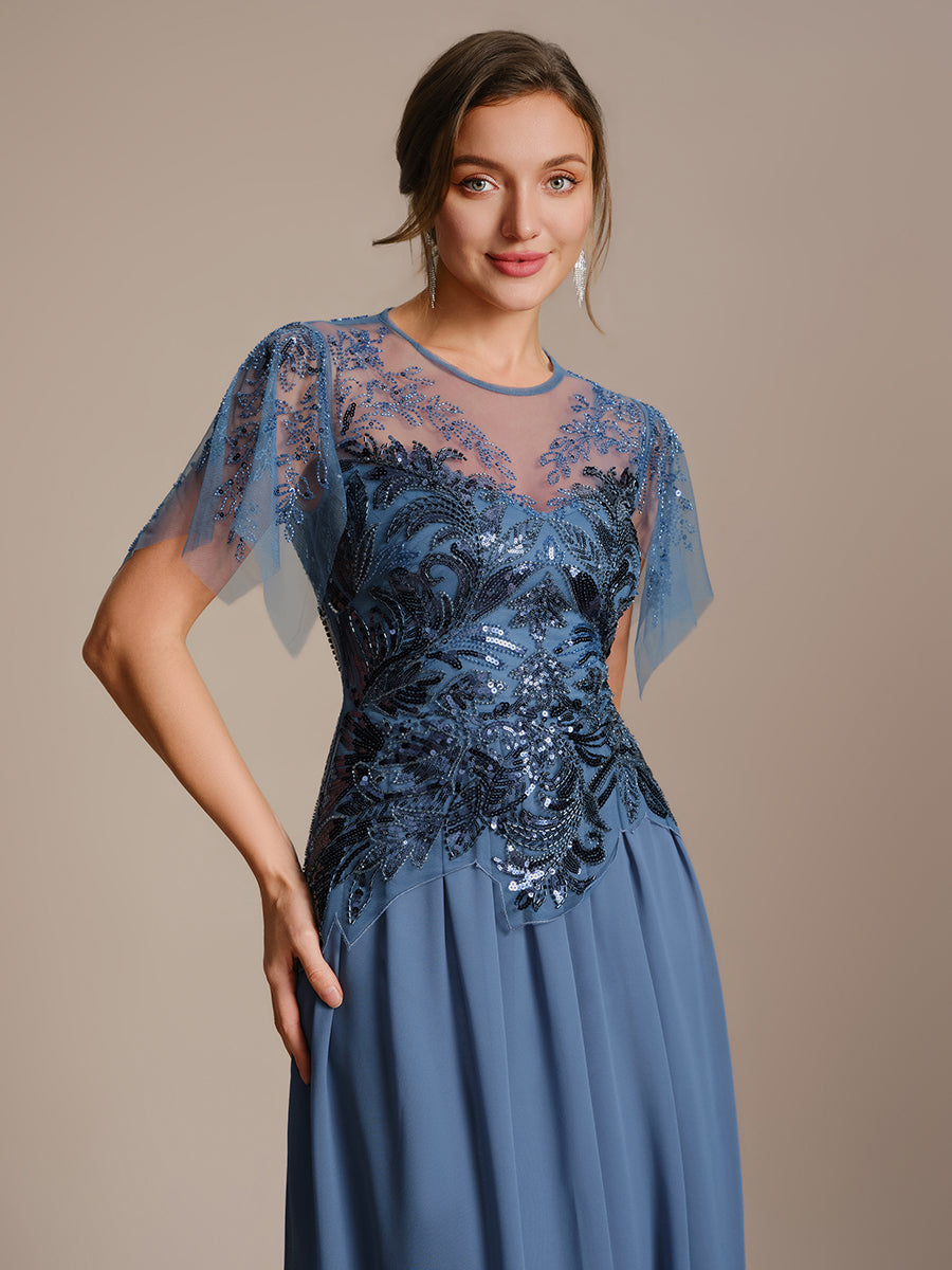 Embroidered Sequin Ruffle Sleeve Black Tie Evening Dress #color_Dusty Blue