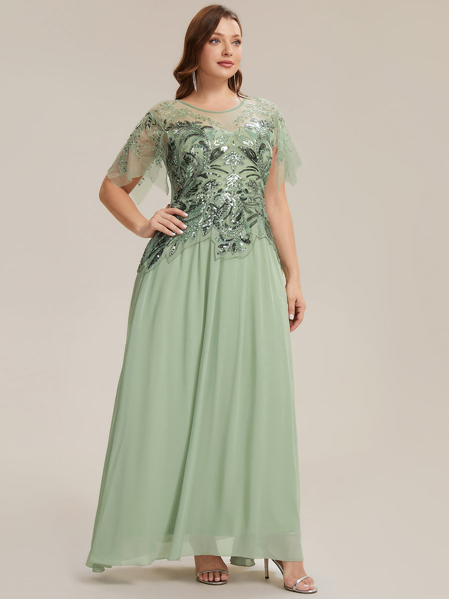Embroidered Sequin Ruffle Sleeve Black Tie Evening Dress #color_Mint Green