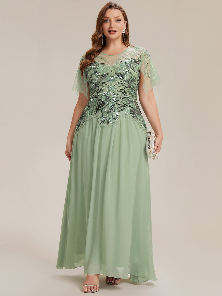 Embroidered Sequin Ruffle Sleeve Black Tie Evening Dress #color_Mint Green