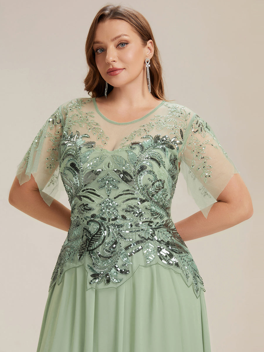 Embroidered Sequin Ruffle Sleeve Black Tie Evening Dress #color_Mint Green
