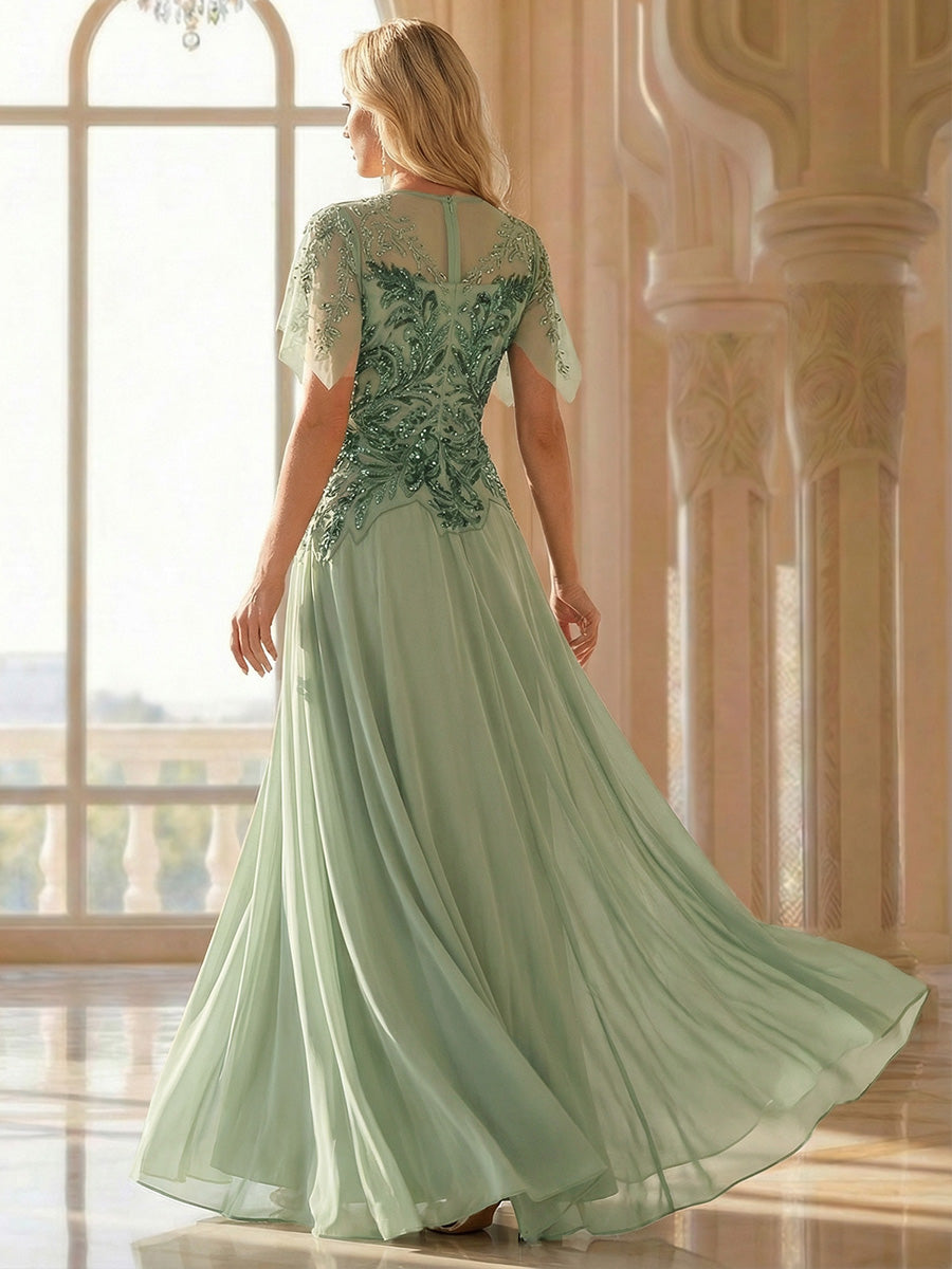 Embroidered Sequin Ruffle Sleeve Black Tie Evening Dress #color_Mint Green