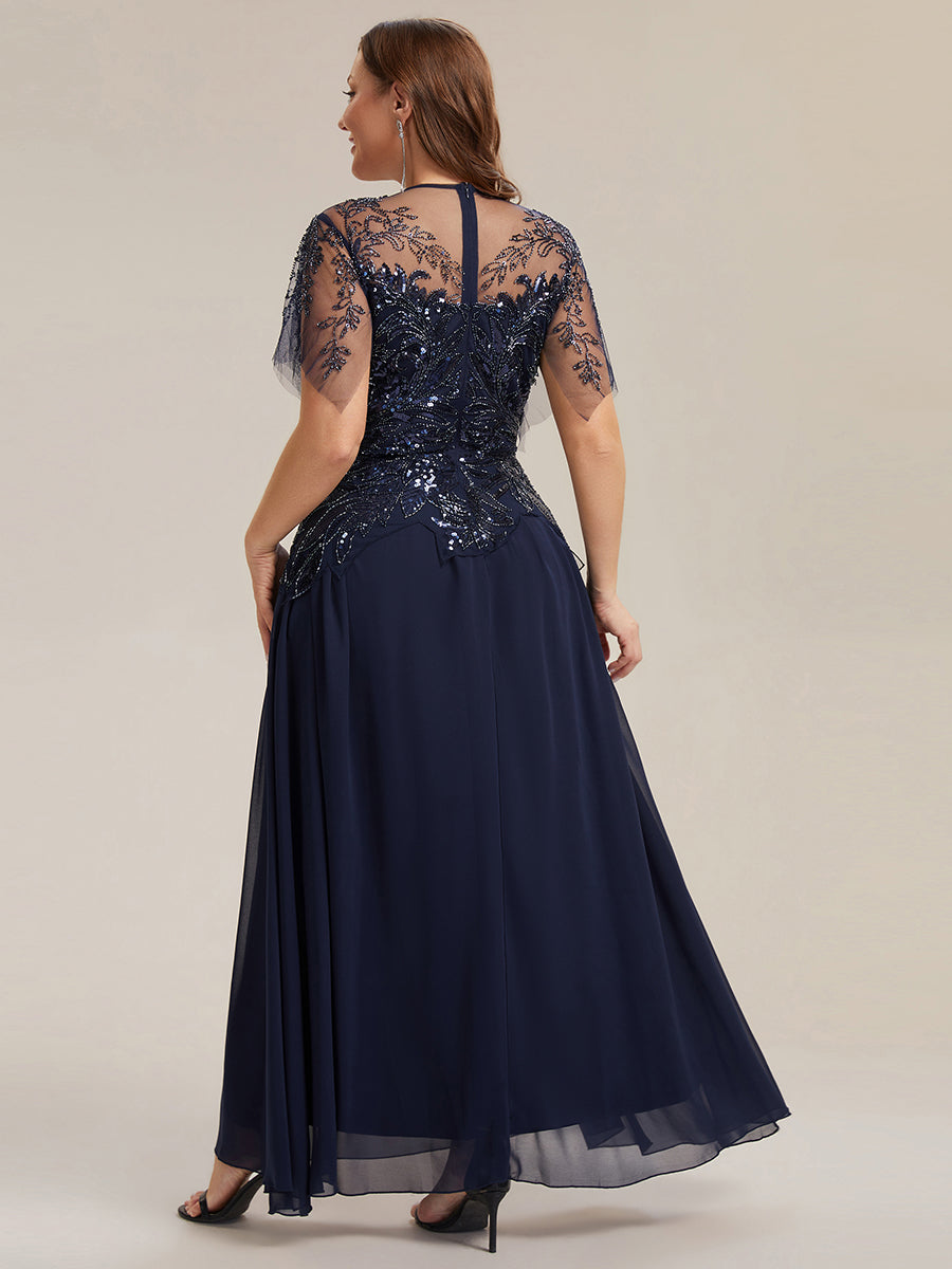 Embroidered Sequin Ruffle Sleeve Black Tie Evening Dress #color_Navy Blue