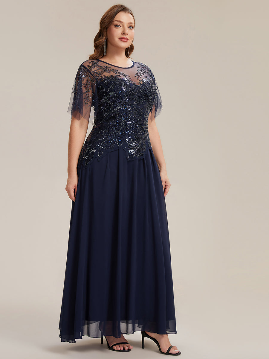 Embroidered Sequin Ruffle Sleeve Black Tie Evening Dress #color_Navy Blue