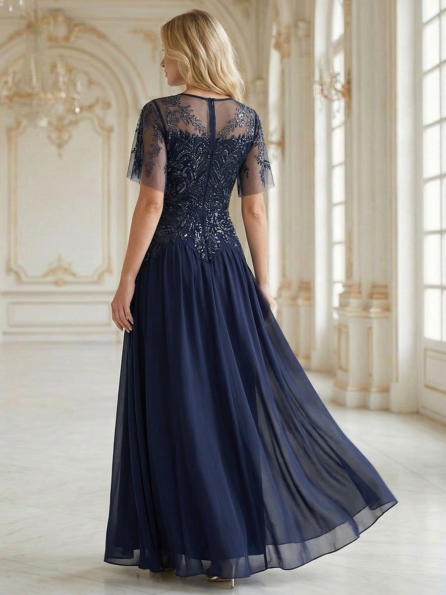Embroidered Sequin Ruffle Sleeve Black Tie Evening Dress #color_Navy Blue