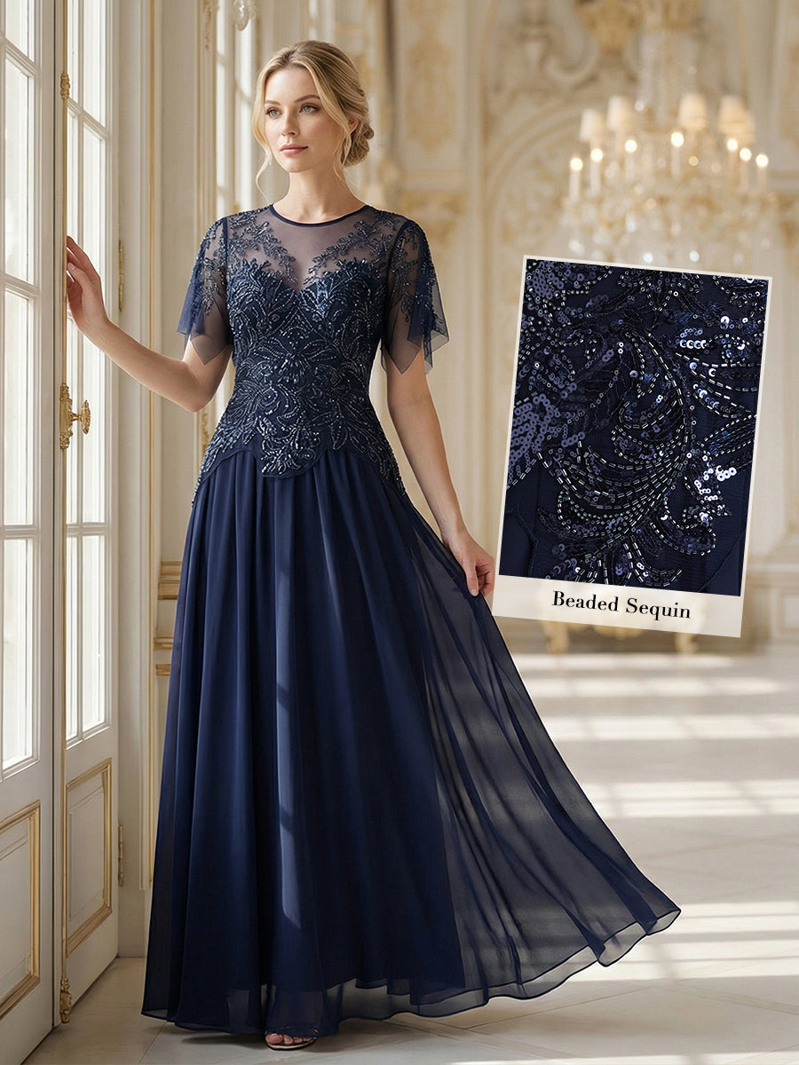 Embroidered Sequin Ruffle Sleeve Black Tie Evening Dress #color_Navy Blue