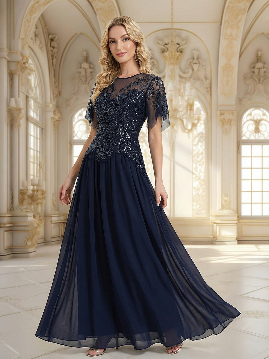 Embroidered Sequin Ruffle Sleeve Black Tie Evening Dress #color_Navy Blue