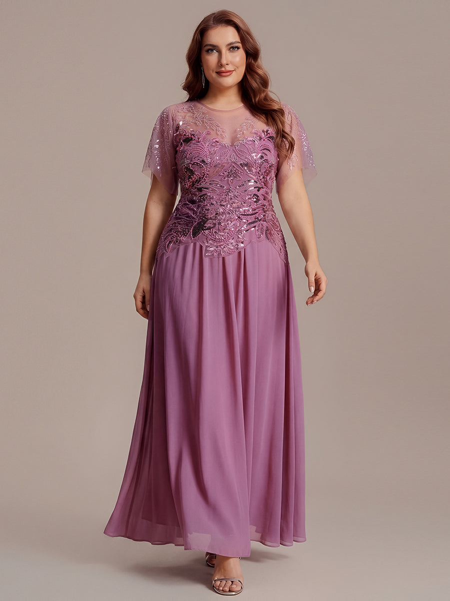 Embroidered Sequin Ruffle Sleeve Black Tie Evening Dress #color_Purple Orchid