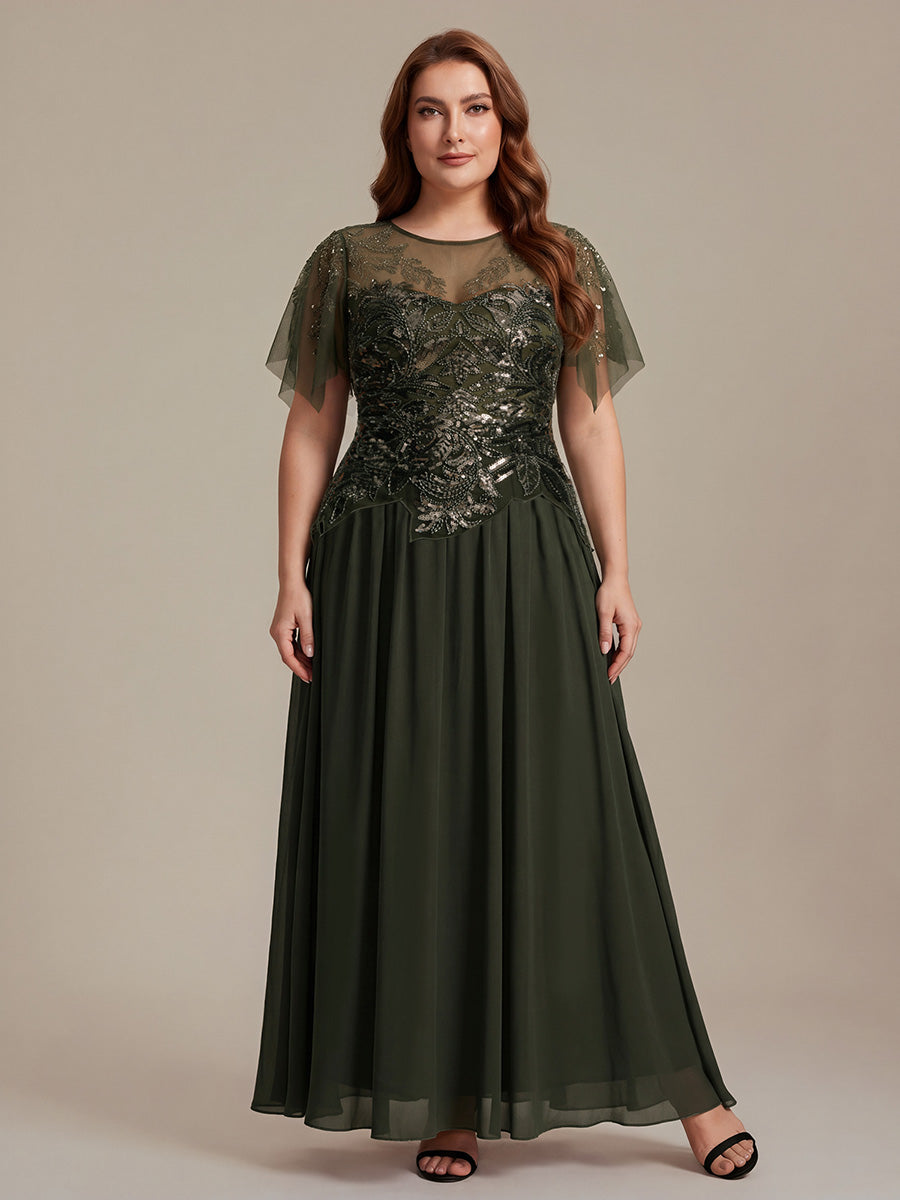 Embroidered Sequin Ruffle Sleeve Black Tie Evening Dress #color_Olive Green