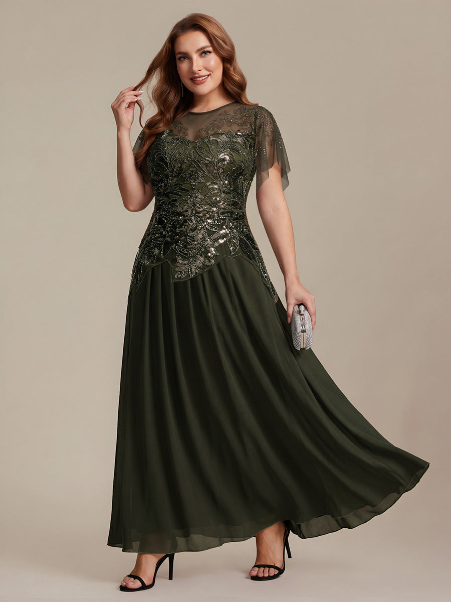 Embroidered Sequin Ruffle Sleeve Black Tie Evening Dress #color_Olive Green