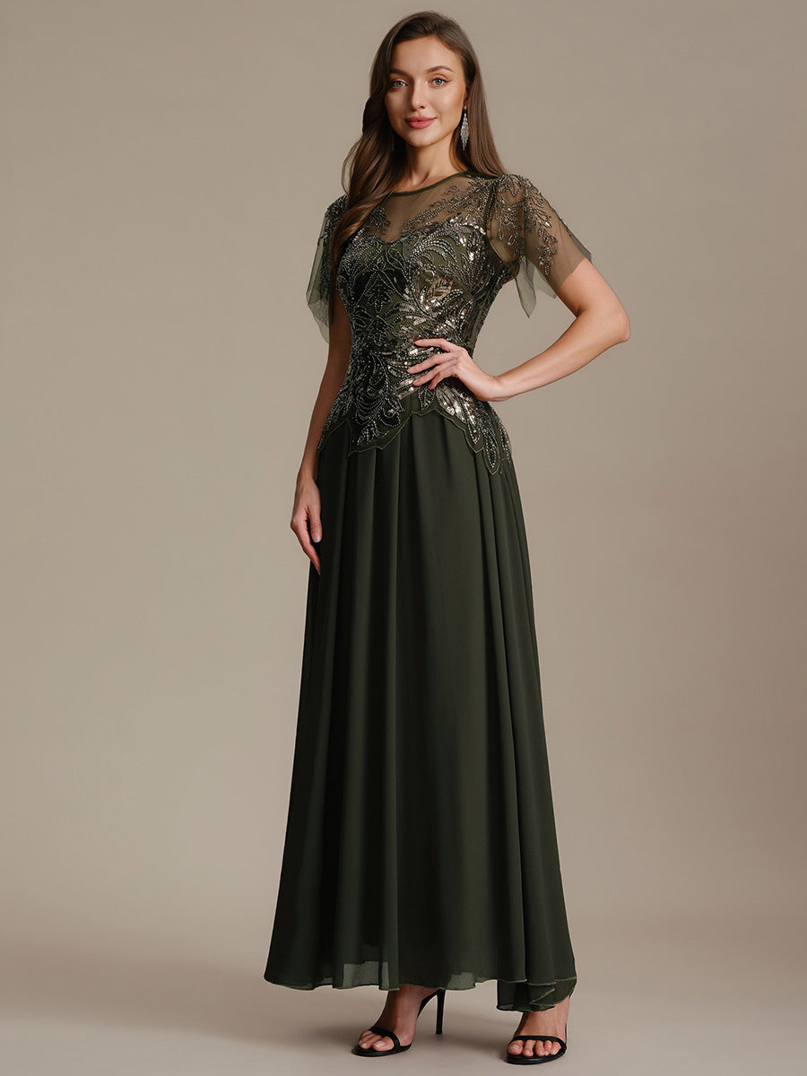 Embroidered Sequin Ruffle Sleeve Black Tie Evening Dress #color_Olive Green