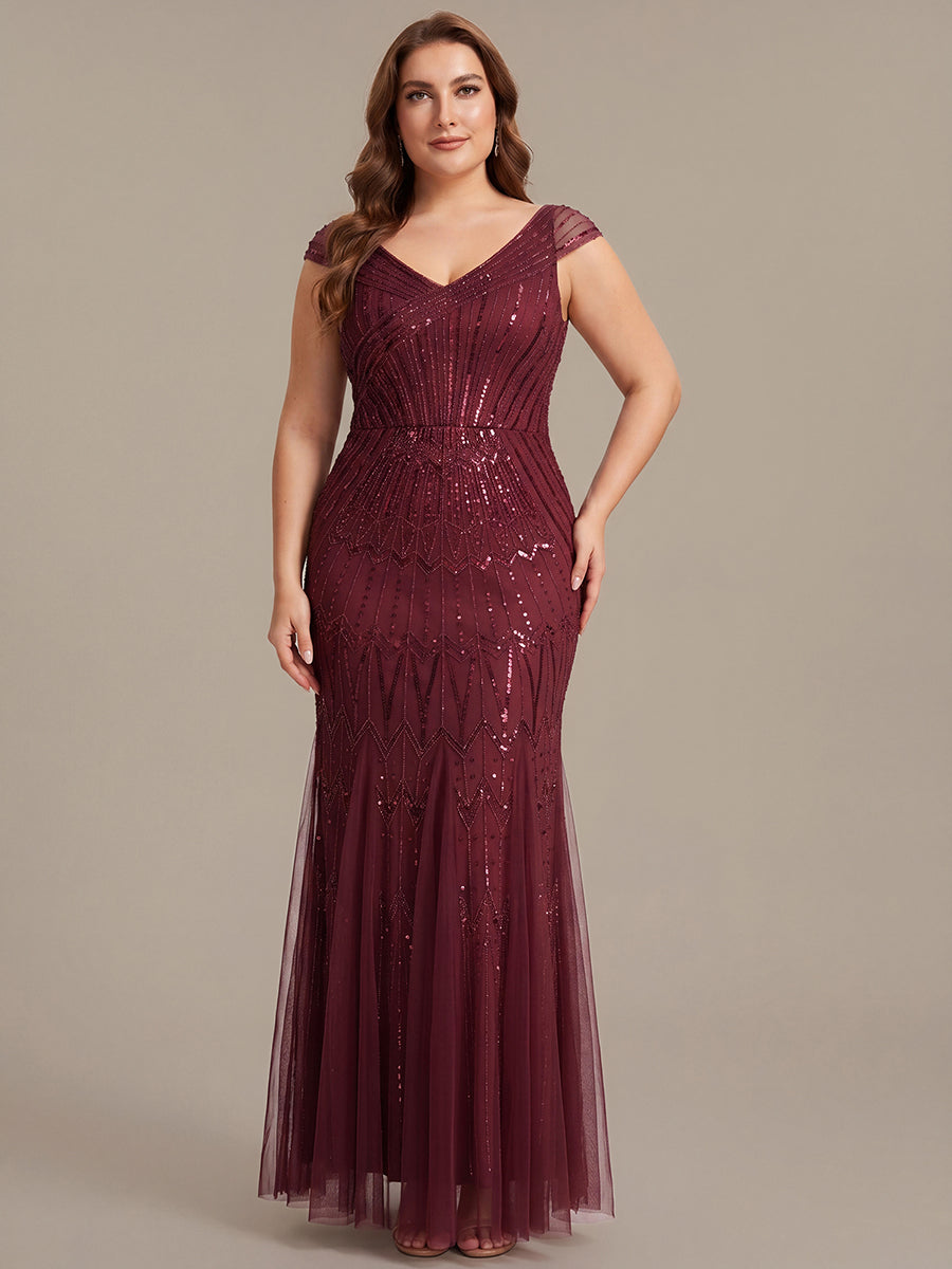 Sequin Drop Shoulder Sleeve Beaded Formal Dress #color_Burgundy