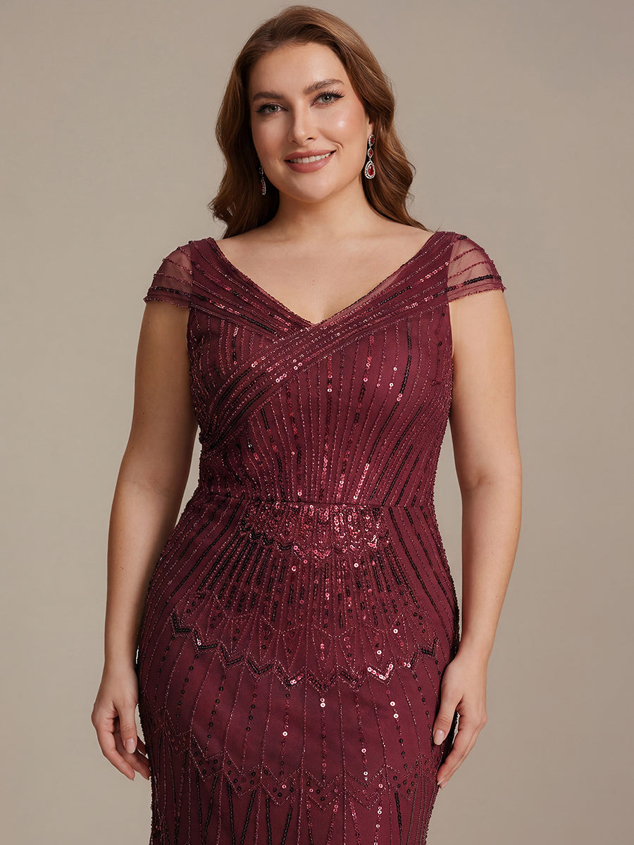 Sequin Drop Shoulder Sleeve Beaded Formal Dress #color_Burgundy