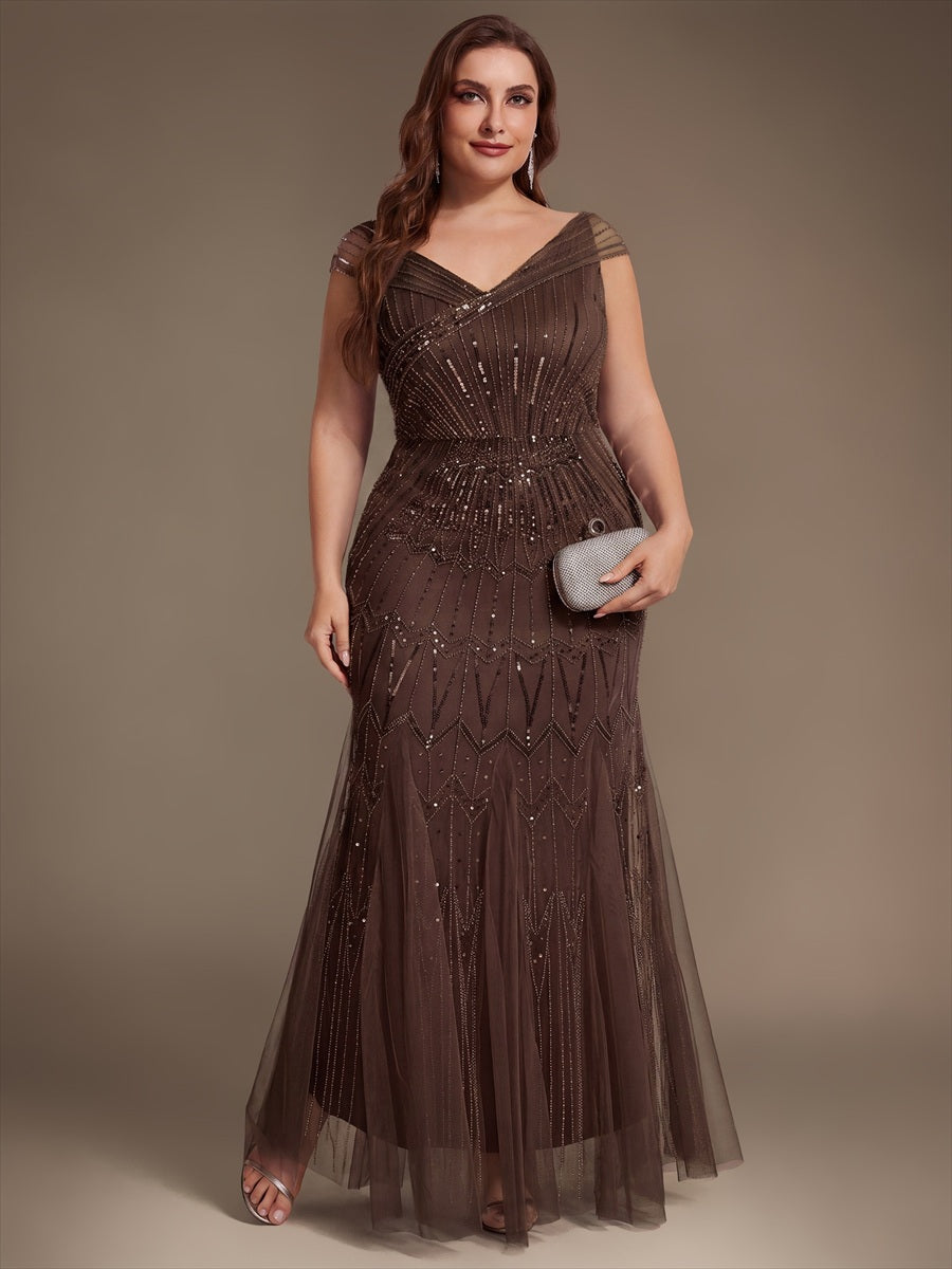 Sequin Drop Shoulder Sleeve Beaded Formal Dress #color_Brown