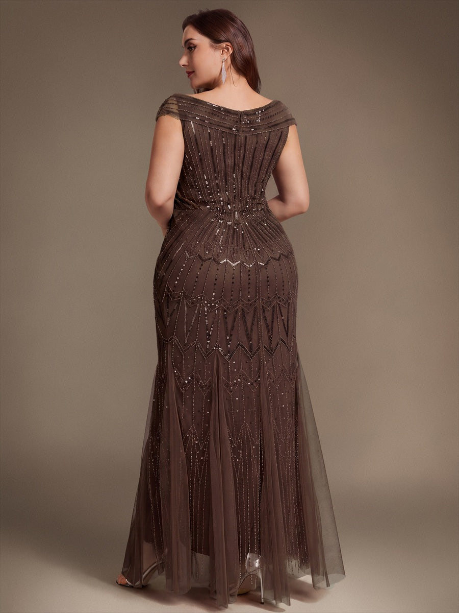 Sequin Drop Shoulder Sleeve Beaded Formal Dress #color_Brown