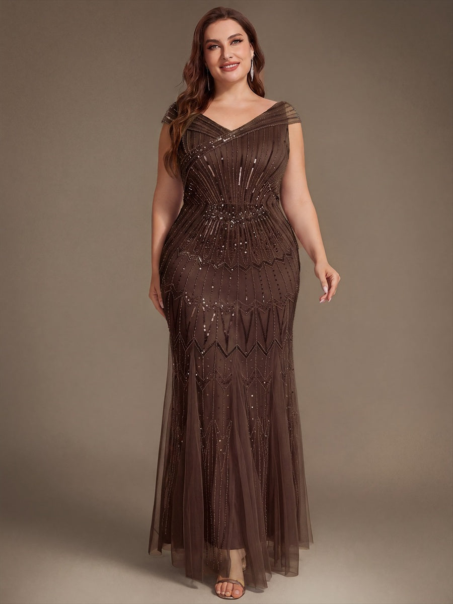 Sequin Drop Shoulder Sleeve Beaded Formal Dress #color_Brown