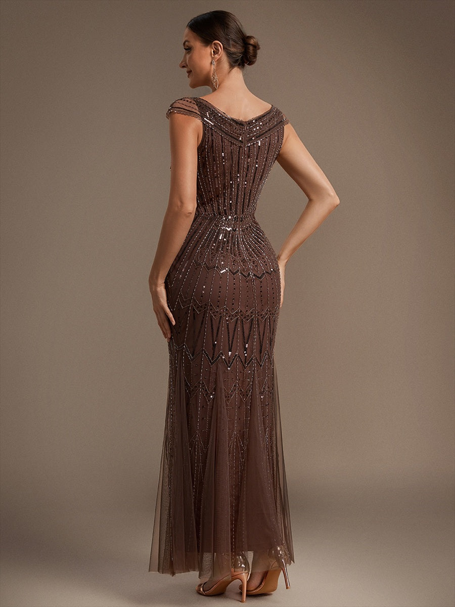 Sequin Drop Shoulder Sleeve Beaded Formal Dress #color_Brown