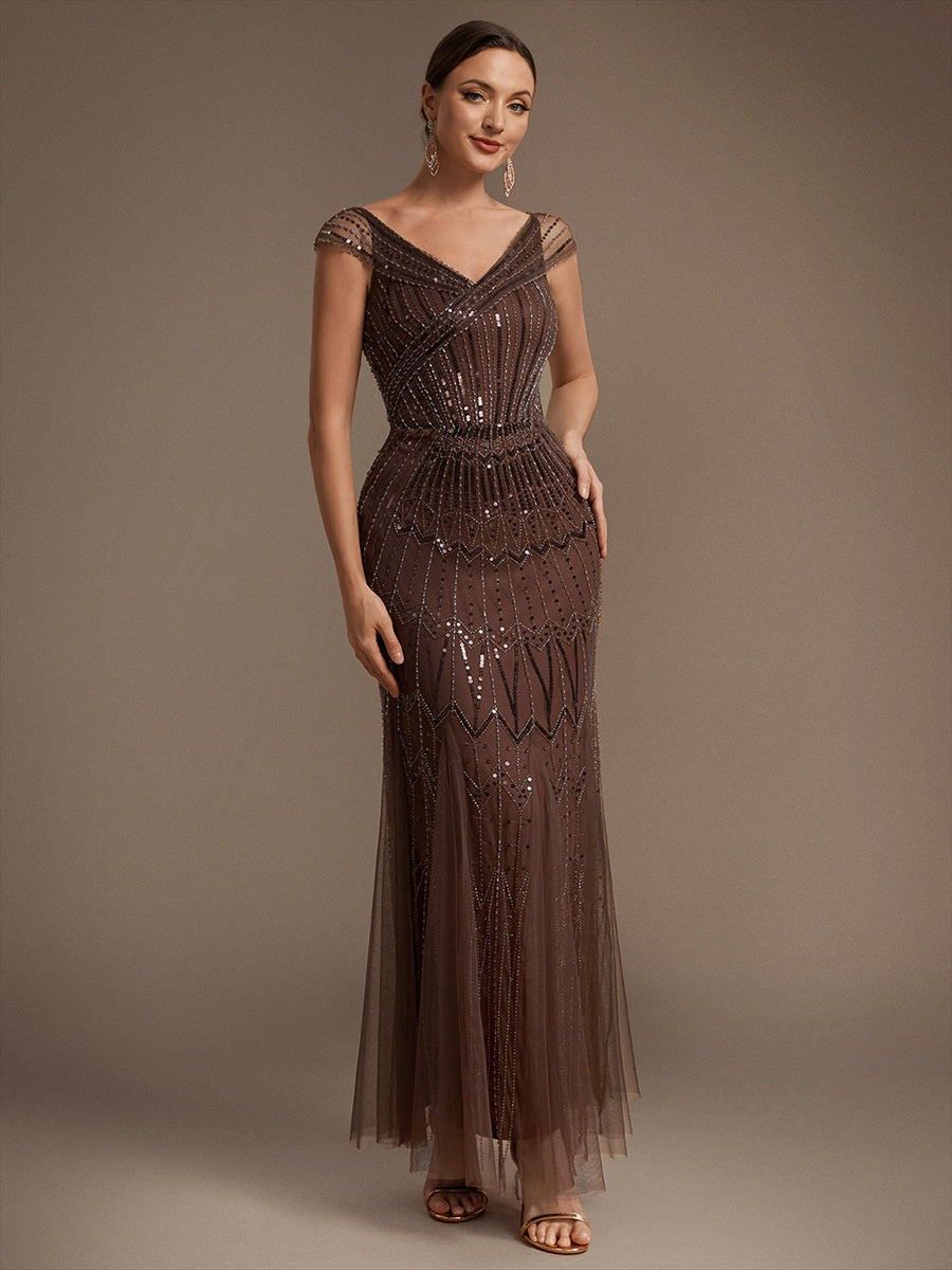 Sequin Drop Shoulder Sleeve Beaded Formal Dress #color_Brown