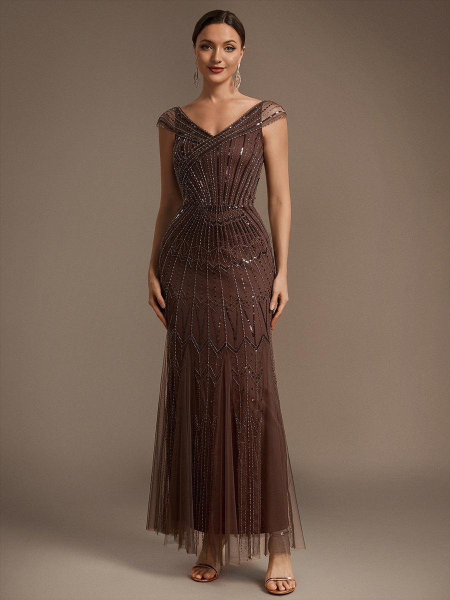 Sequin Drop Shoulder Sleeve Beaded Formal Dress #color_Brown