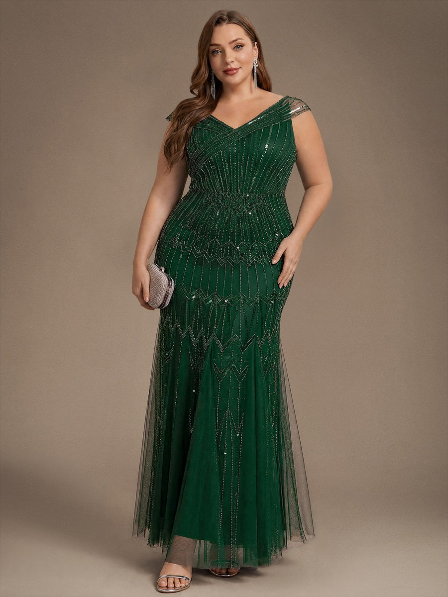 Sequin Drop Shoulder Sleeve Beaded Formal Dress #color_Dark Green