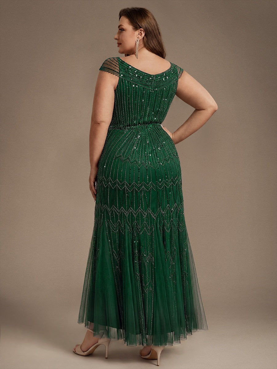 Sequin Drop Shoulder Sleeve Beaded Formal Dress #color_Dark Green