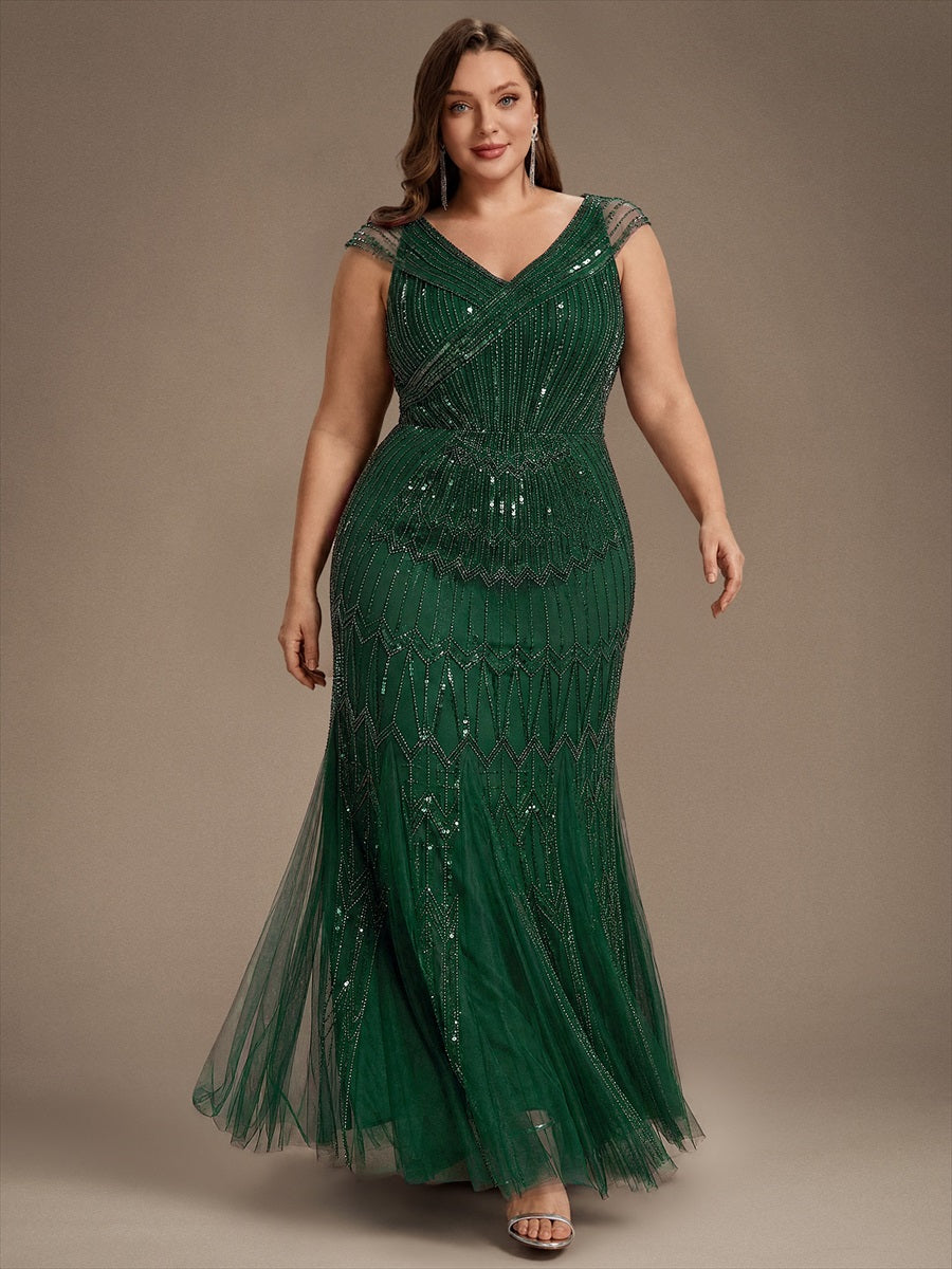 Sequin Drop Shoulder Sleeve Beaded Formal Dress #color_Dark Green