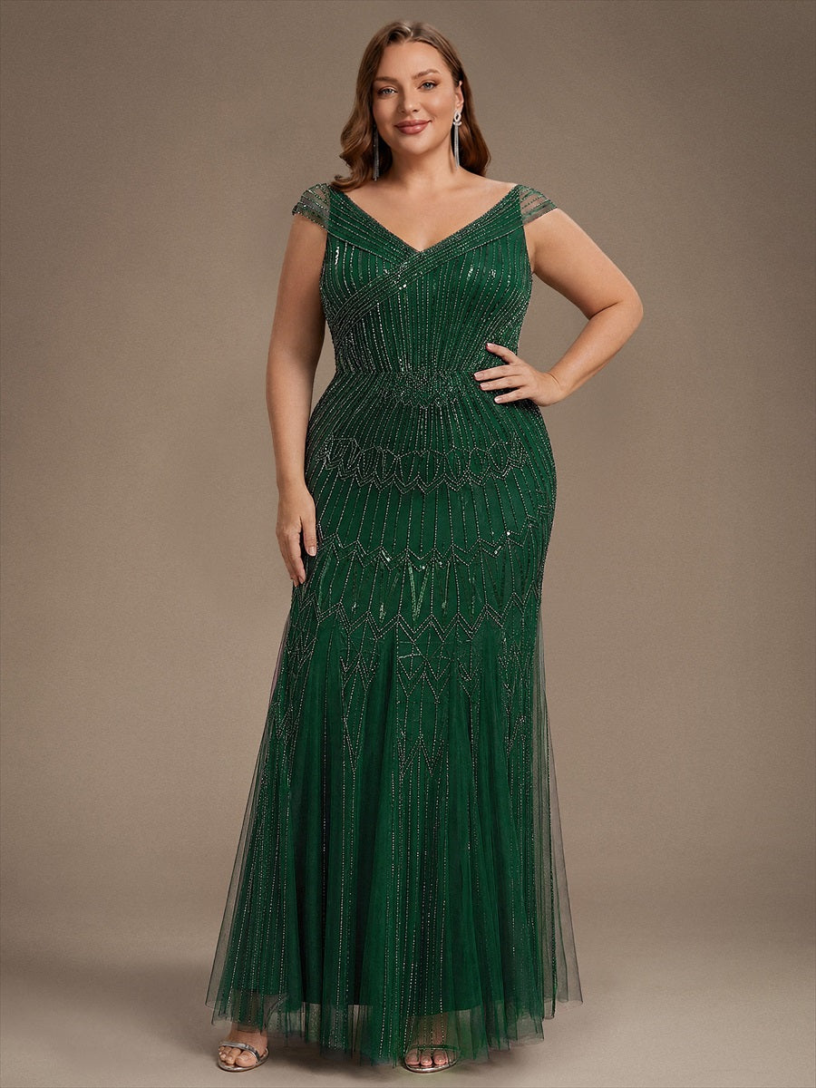 Sequin Drop Shoulder Sleeve Beaded Formal Dress #color_Dark Green