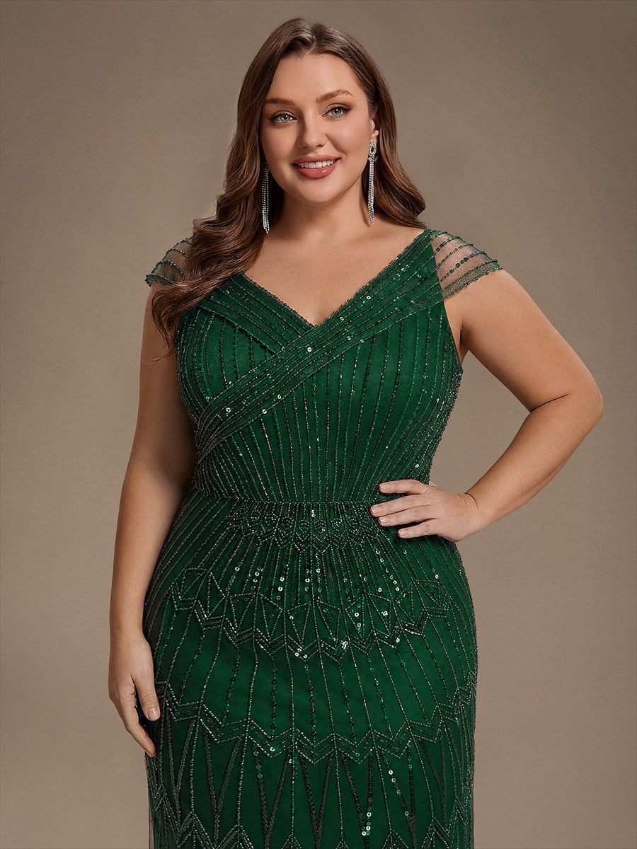 Sequin Drop Shoulder Sleeve Beaded Formal Dress #color_Dark Green