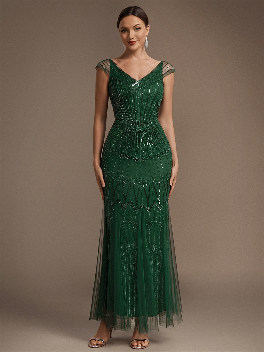 Sequin Drop Shoulder Sleeve Beaded Formal Dress #color_Dark Green